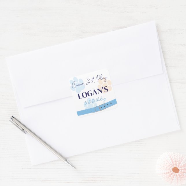 Pegatina Cuadrada Naranja Azul Perro Paw Imprimir fiesta de cumpleañ (Sobre)