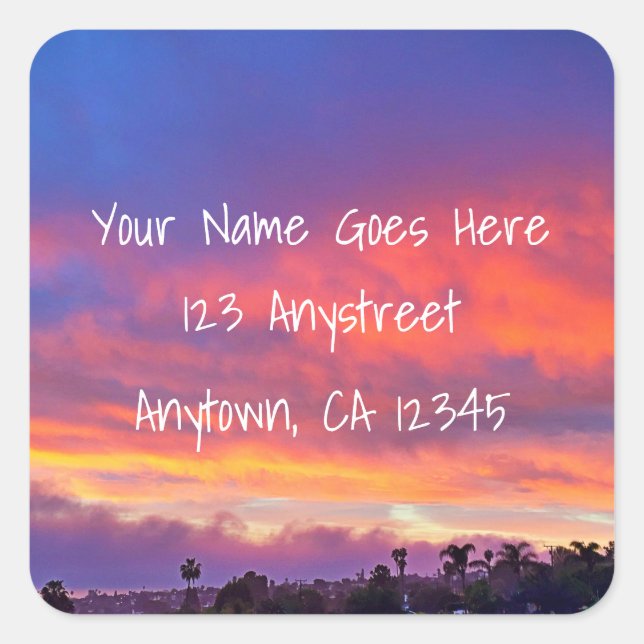 Pegatina Cuadrada Naranja azul rosado negrita atardecer foto direcci (Anverso)