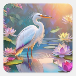 Pegatina Cuadrada Naranja Billing White Heron Fantasy Bird