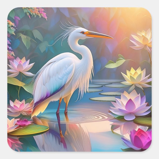 Pegatina Cuadrada Naranja Billing White Heron Fantasy Bird (Anverso)
