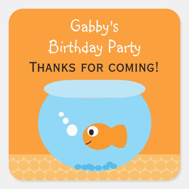 Pegatina Cuadrada Naranja Blue Goldfish Partido de Cumpleaños Favor  (Anverso)