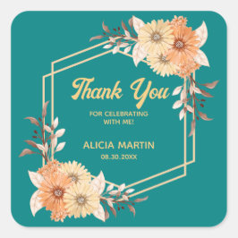 Pegatina Cuadrada Naranja Caída Oro de Flor Verde azulado Gracias