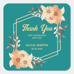 Pegatina Cuadrada Naranja Caída Oro de Flor Verde azulado Gracias