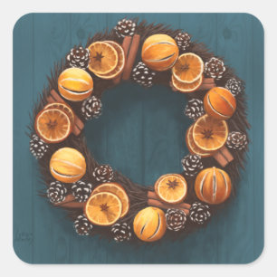 Pegatina Cuadrada Naranja, Canela, Cono de Pino, Pintura de Wreath d