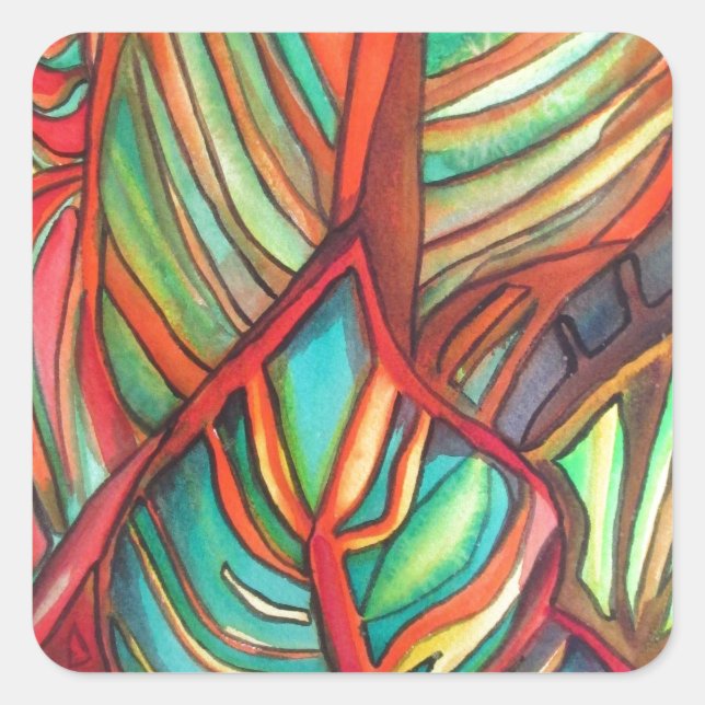 Pegatina Cuadrada Naranja Canna deja acuarela arte original (Anverso)