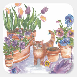 Pegatina Cuadrada Naranja Cat Tulips Pansies Acuarela "Archibald"