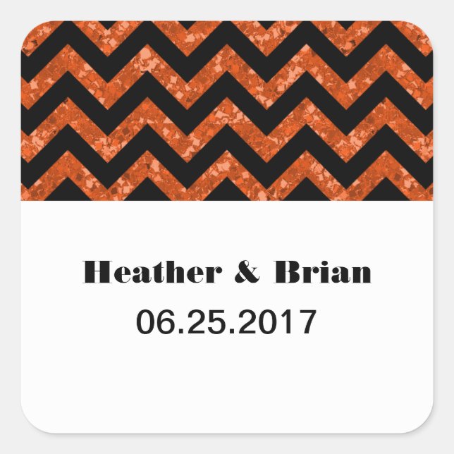 Pegatina Cuadrada Naranja Chevron Purpurina Wedding Stickers (Anverso)