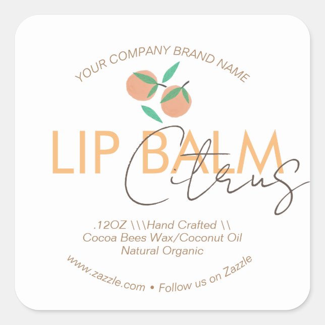 Pegatina Cuadrada Naranja Citrus Lip Balm Empaque (Anverso)