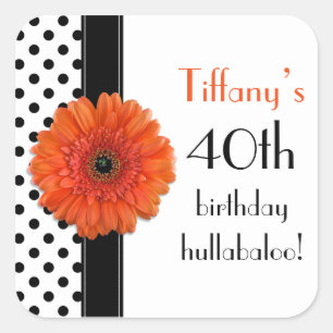 Pegatina Cuadrada Naranja Daisy Black White Polka Dot 40 cumpleaños