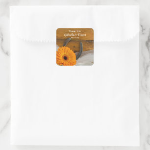 Pegatina Cuadrada Naranja Daisy Horseshoe Boda Occidental Gracias