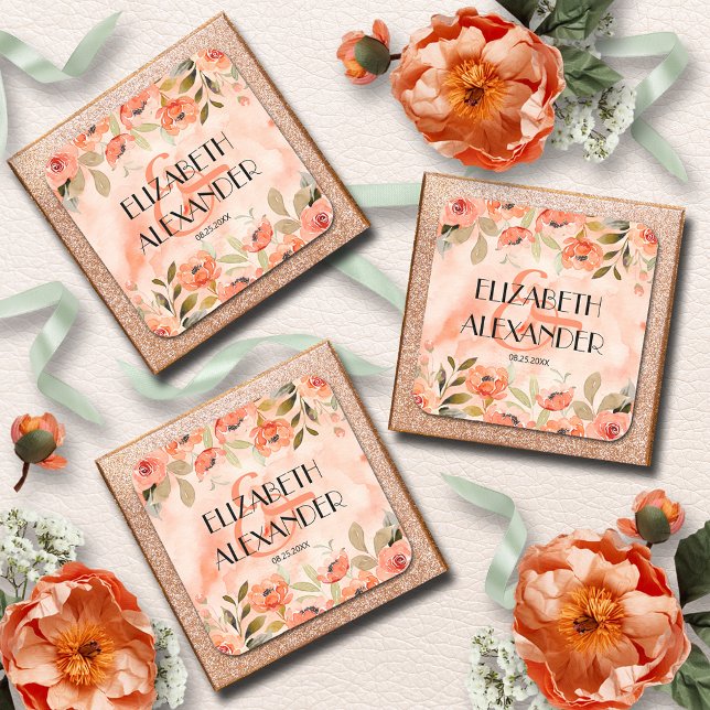 Pegatina Cuadrada Naranja de acuarela Boda floral (Wedding Watercolor Orange Floral 3" Square Stickers)