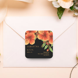 Pegatina Cuadrada Naranja de acuarela Boda floral Gracias