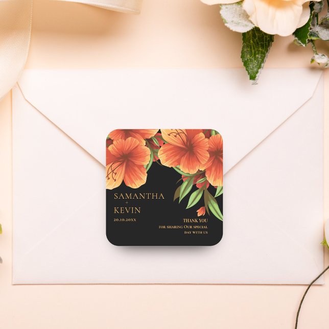 Pegatina Cuadrada Naranja de acuarela Boda floral Gracias (Watercolor Orange Floral Wedding Thank You Square Sticker)