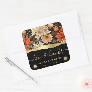 Pegatina Cuadrada Naranja de acuarela Brown Fall Lees Boda