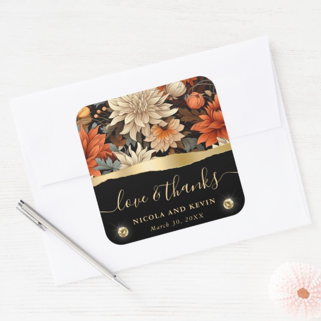 Pegatina Cuadrada Naranja de acuarela Brown Fall Lees Boda (Sobre)