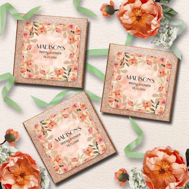 Pegatina Cuadrada Naranja de acuarela Floral Bridal Shower (Watercolor orange floral bridal shower square stickers)