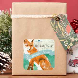 Pegatina Cuadrada Naranja de acuarela personalizada Fox Barn Wood