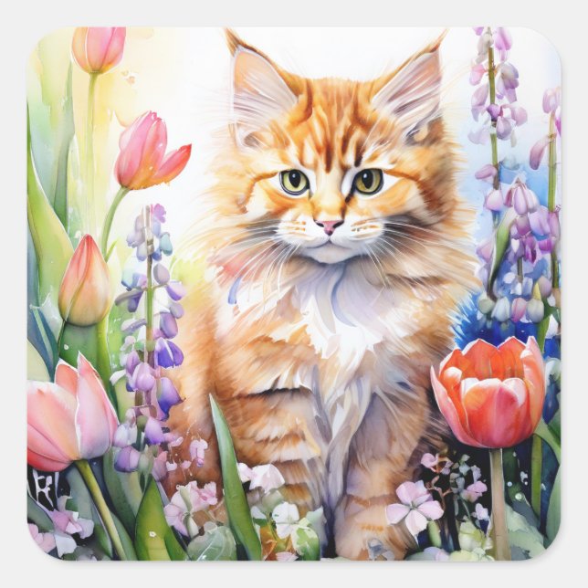 Pegatina Cuadrada Naranja De Acuarela Tabby Kitty Cat En El Jardín D (Anverso)