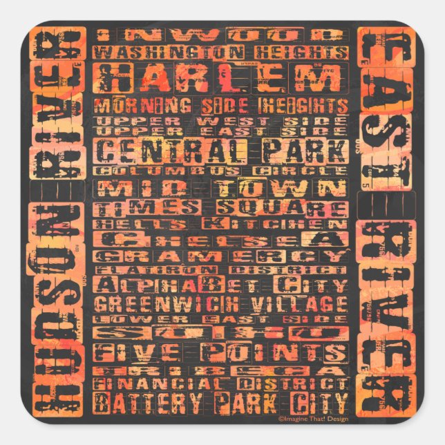 Pegatina Cuadrada Naranja de Barrios de Nueva York (Anverso)
