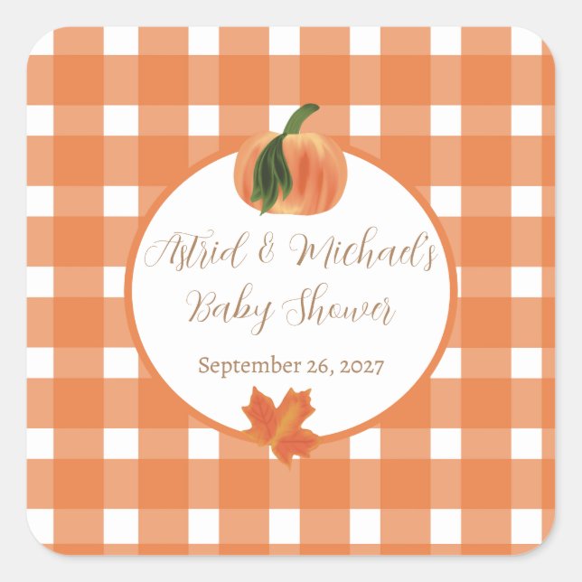Pegatina Cuadrada Naranja de calabaza Gingham Fall Baby Shower (Anverso)