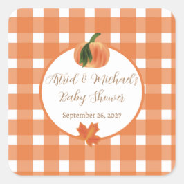 Pegatina Cuadrada Naranja de calabaza Gingham Fall Baby Shower
