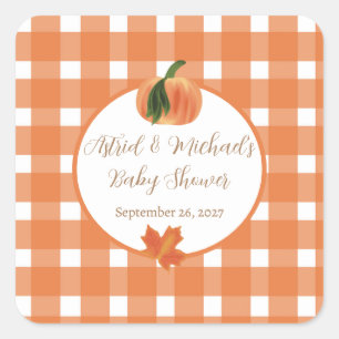 Pegatina Cuadrada Naranja de calabaza Gingham Fall Baby Shower