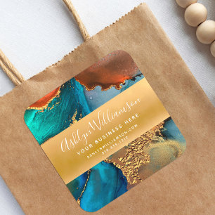 Pegatina Cuadrada Naranja de color turquesa y dorado de mármol moder