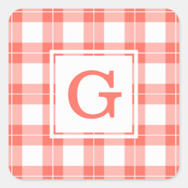 Pegatina Cuadrada Naranja de coral monogramado y patrón de papel bla