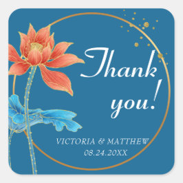 Pegatina Cuadrada Naranja de Flores Lotus y Boda Azul Gracias