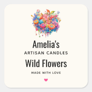 Pegatina Cuadrada Naranja de flores y Blue Boho Candle Business