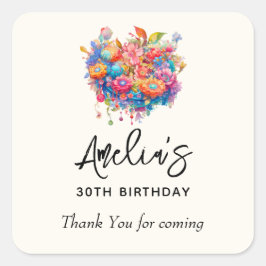 Pegatina Cuadrada Naranja de flores y cumpleaños azul gracias