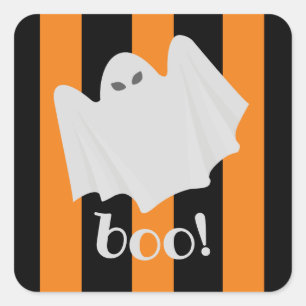 Pegatina Cuadrada Naranja de Halloween fantasma y franjas negras