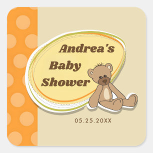 Pegatina Cuadrada Naranja de Oso de Teddy Vintage Retro Baby Shower