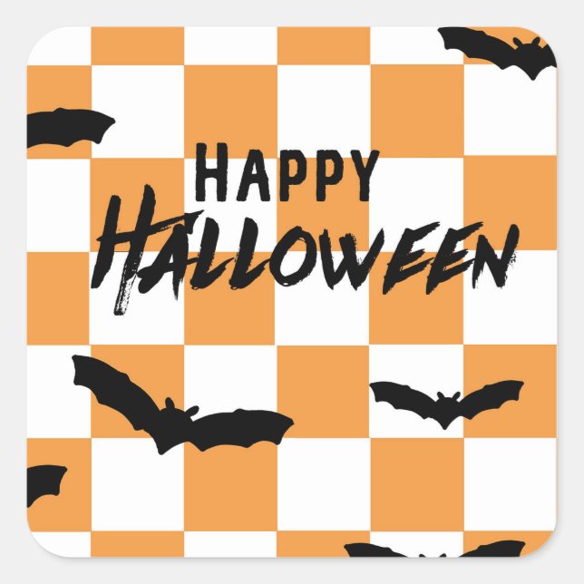 Pegatina Cuadrada Naranja de tablero de ajedrez moderno de Halloween (Anverso)