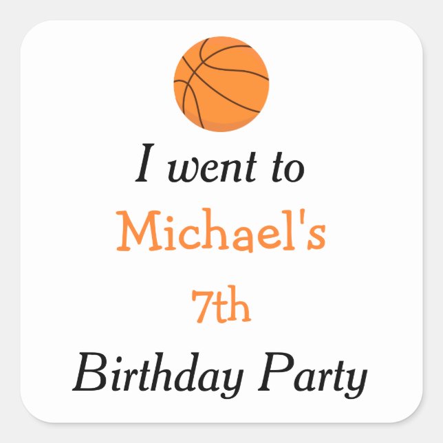 Pegatina Cuadrada Naranja Deportiva de Baloncesto Cumpleaños 'Fui a' (Anverso)