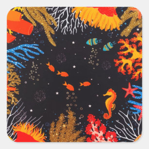 Pegatina Cuadrada Naranja dorado Océano tropical subacuático