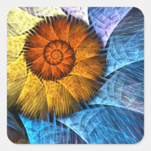 Pegatina Cuadrada Naranja floral Azul amarillo abstracto arte