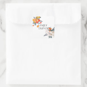 Pegatina Cuadrada Naranja floral e invitación a la boda blanca