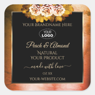 Pegatina Cuadrada Naranja floral Marble rojo negro logotipo de etiqu