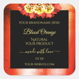 Pegatina Cuadrada Naranja floral Mármol rojo Rosas de etiquetas de p