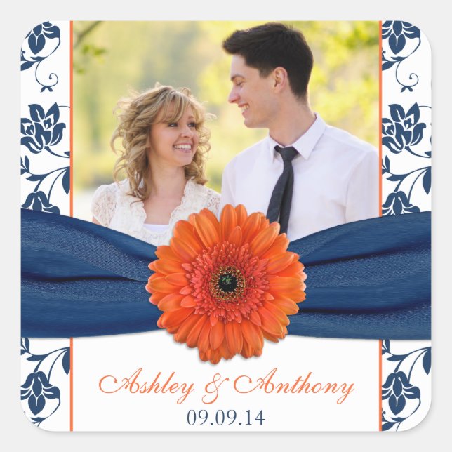 Pegatina Cuadrada Naranja Gerber Daisy Navy Damask Pegatinas de boda (Anverso)