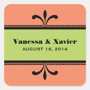 Pegatina Cuadrada Naranja/Green Fancy Art Deco Wedding Stickers
