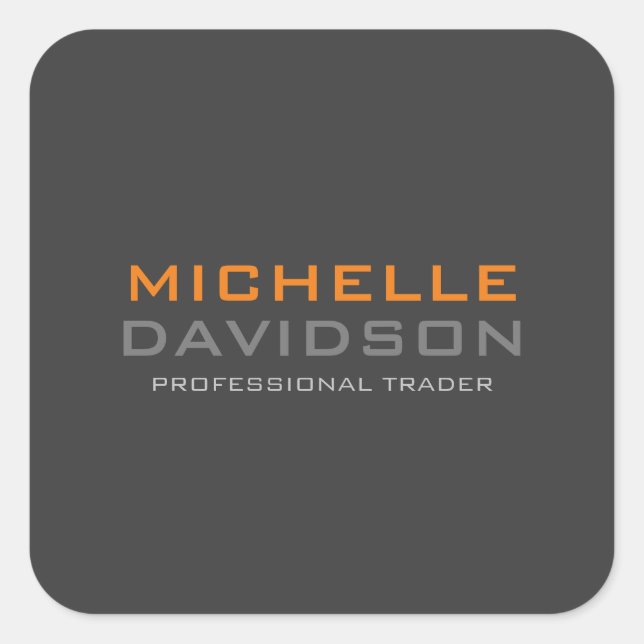 Pegatina Cuadrada Naranja Gris moderno Texto negrita Nombre Minimali (Anverso)
