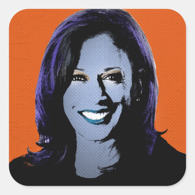 Pegatina Cuadrada Naranja Kamala Harris Pop Art (Anverso)