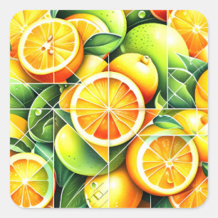 Pegatina Cuadrada Naranja Limón Botánico Cítrico Geométrico