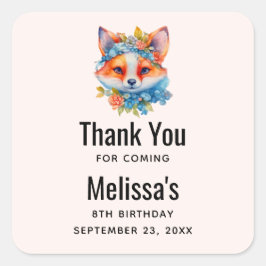 Pegatina Cuadrada Naranja lindo Fox con cumpleaños de corona floral