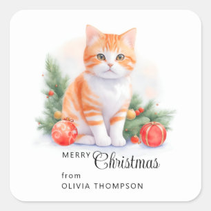 Pegatina Cuadrada Naranja lindo Tabby Kitty Merry Navidad