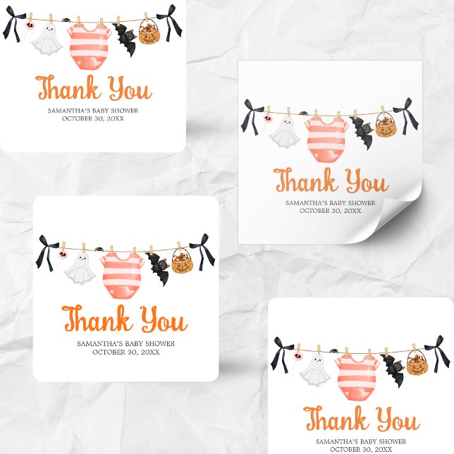 Pegatina Cuadrada Naranja Little Boo Baby Shower (A Little Boo Is Almost Due Clothesline Baby Shower Sticker)