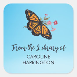 Pegatina Cuadrada Naranja Monarch Butterfly Bonito Sky Blue Bookplat