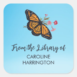 Pegatina Cuadrada Naranja Monarch Butterfly Bonito Sky Blue Bookplat